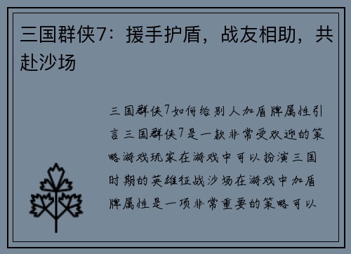 三国群侠7：援手护盾，战友相助，共赴沙场
